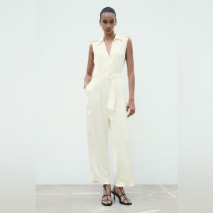BELTED SATIN EFFECT CARGO JUMPSUIT
